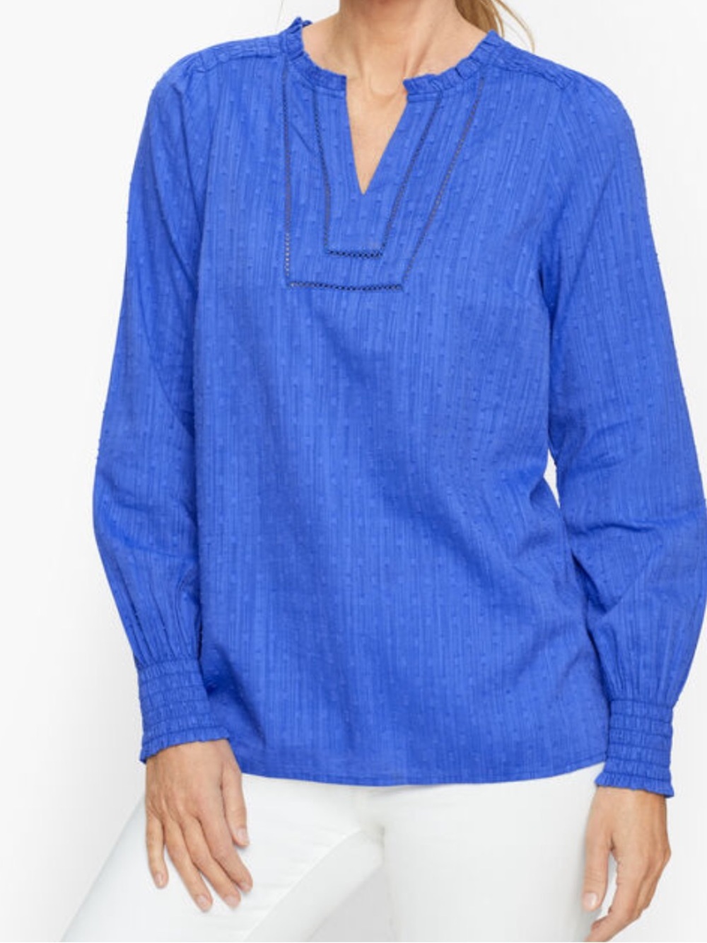Talbots Smocked Shoulder Top Swiss Dot Tunic Spit Neck Long Sleeve Costal Resort